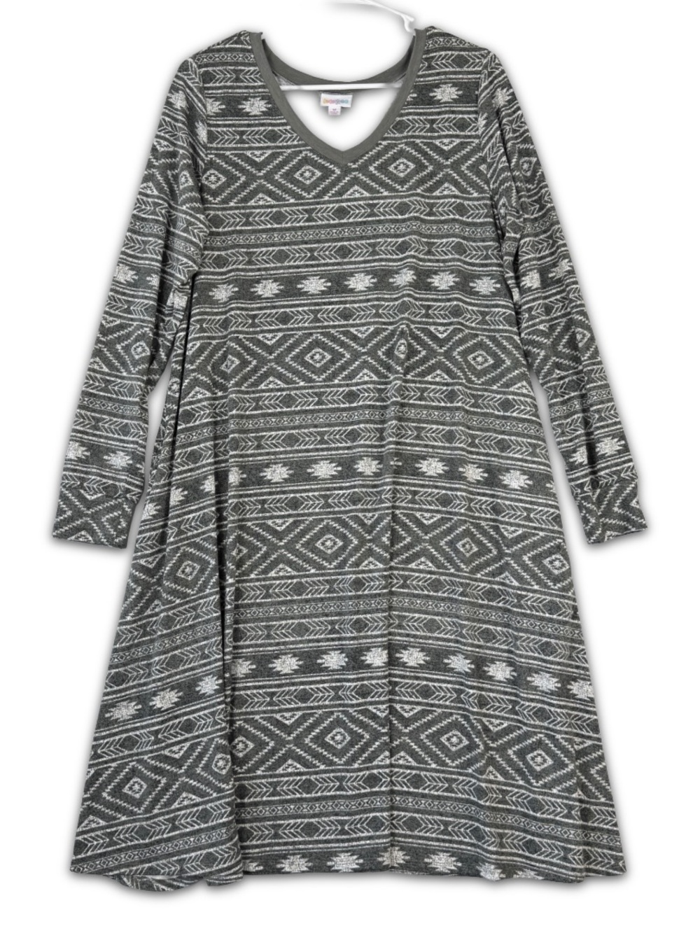 Lularoe Emily Dress Womens M Medium Gray White Aztec Tribal Pattern Pockets